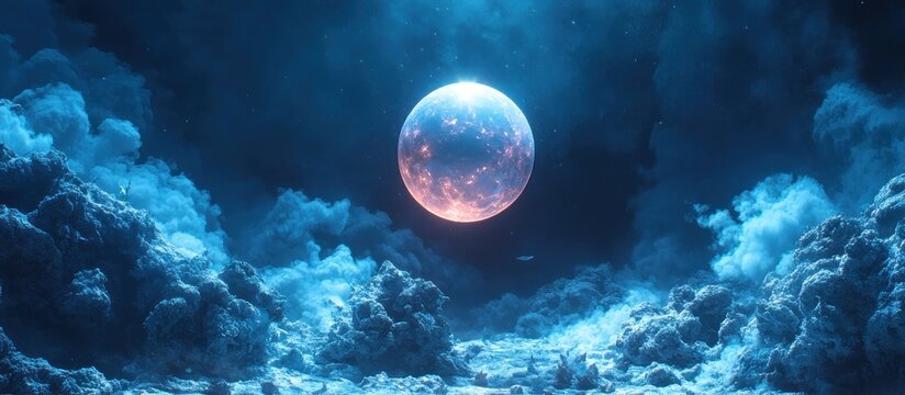 Glowing moon floating above mysterious dark blue foggy landscape.