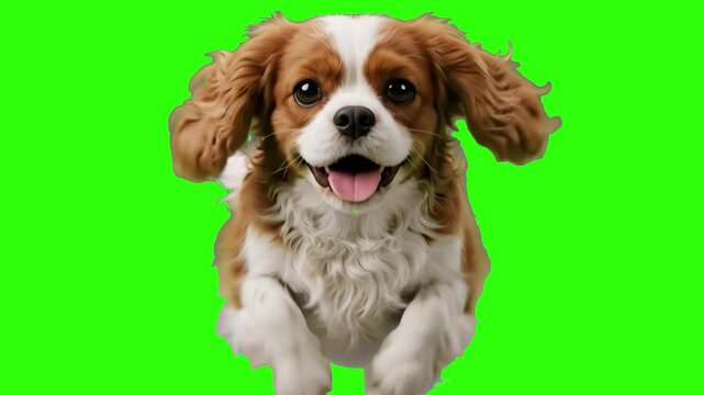 A cute Cavalier King Charles Spaniel dog with brown and white fur running forward with an open mouth, isolated on a bright chroma key green screen background. Great for pet commercials, veterinary adv