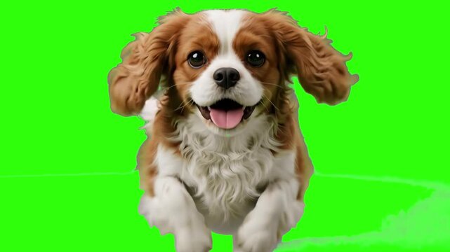 A adorable brown and white Cavalier King Charles Spaniel dog running happily towards the camera with floppy ears, isolated on a green screen background. Perfect for pet food commercials, veterinary se