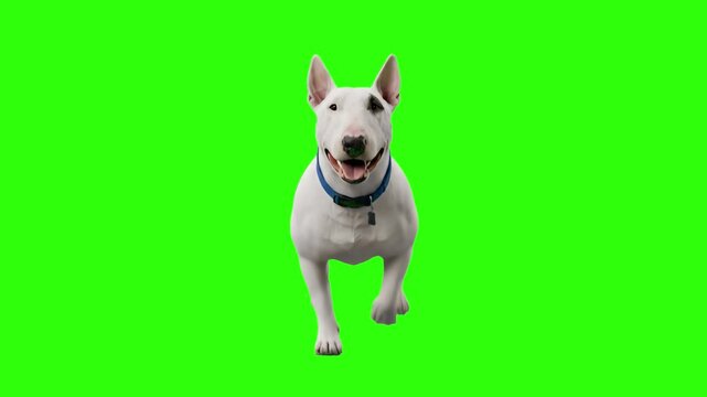 A happy white Bull Terrier dog with a blue collar running directly toward the camera, isolated against a bright chroma key green screen background. Ideal for pet care commercials, animal clips, comedi