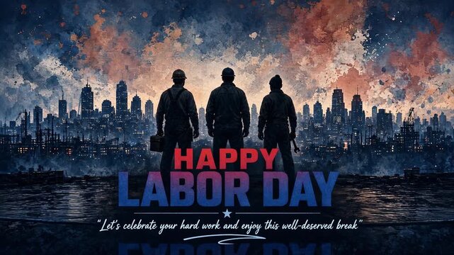 Patriotic Labor Day illustration featuring silhouettes of three workers standing before a city skyline at sunset