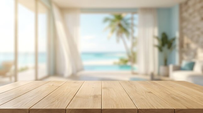 Empty Wooden Table Top Product Display with Blurred Tropical Beach Villa Ocean View Background for Summer Marketing.