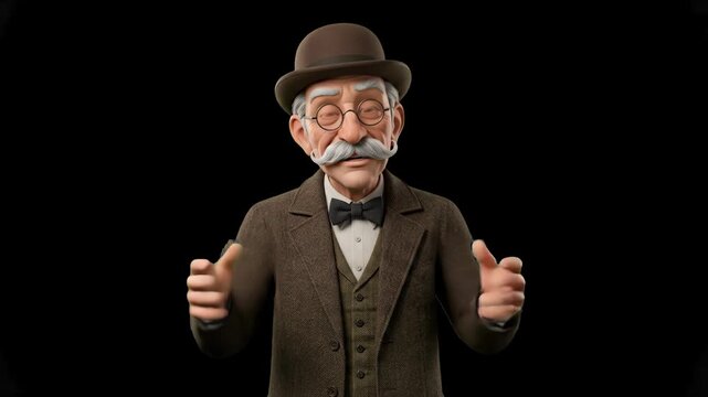 A classic old 3D gentleman in a bowler hat, suit, and spectacles talking warmly while gesturing with his hands isolated on a dark black background. Suitable for theatrical trailers, vintage promotiona