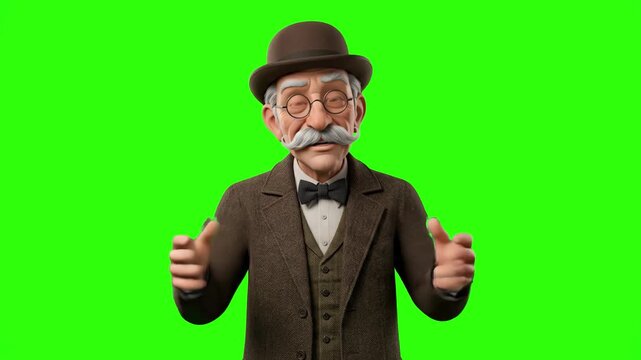 An elderly 3D gentleman character with mustache and glasses wearing a suit and bowler hat, talking and gesturing with open hands isolated on a solid green chroma key background. Great for historical e