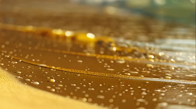 Golden sunlight reflects on wet sand as gentle waves wash ashore creating a tranquil and luxurious beach scene perfect for travel wellness or luxury branding