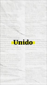 Unido text - on yellow banner over vintage minimalist white newspaper background