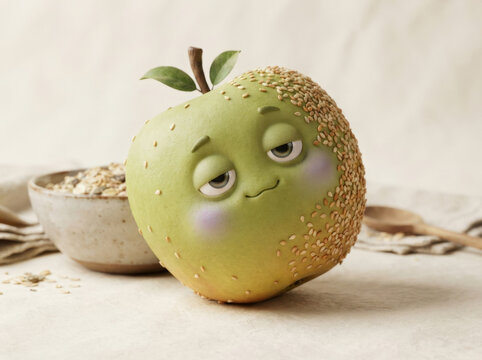 Sleepy green apple character with sesame seeds on textured skin featuring smooth surface and warm atmosphere for creative design.