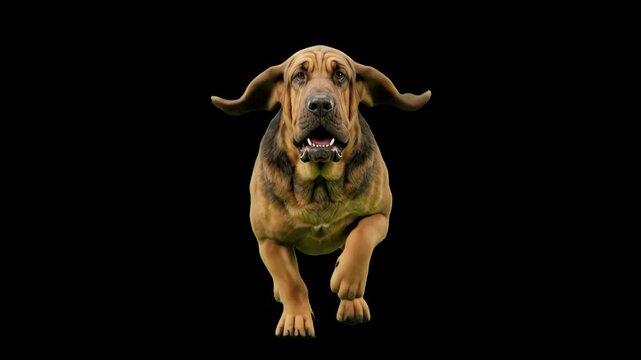 A large Bloodhound dog running fast towards the camera with ears flapping, isolated on a dark black background. Ideal for dramatic pet commercials, action sequences, animal documentary clips, and stud