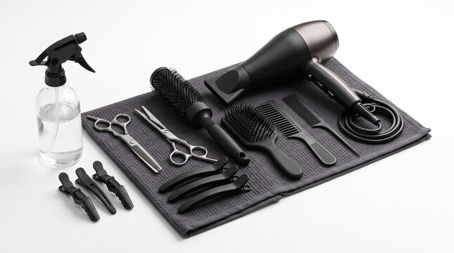 Hairdressing kit with essential tools like scissors, combs, hair clips, spray bottle, and hair dryer neatly arranged on a dark cloth