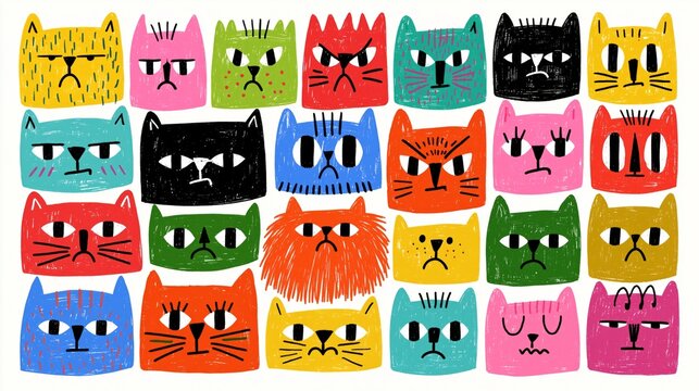 colorful group of expressive cats with funny different faces