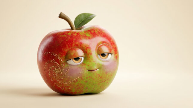 Sleepy variegated apple character displaying swirling sesame seed pattern intended for whimsical food industry promotional campaigns.