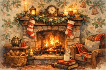 Obraz premium Cozy fireplace with holiday decor.