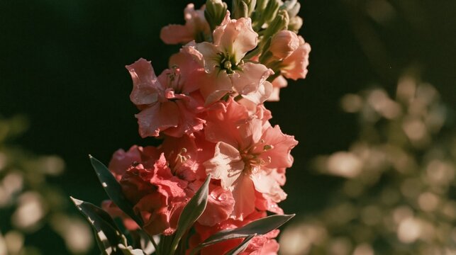coral pink stock flower covered in raindrops at night