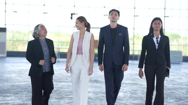 Business professional team executive leadership diversity suit walking in modern office lobby, corporate colleagues meeting in warehouse hall, confident managers stride to negotiation success