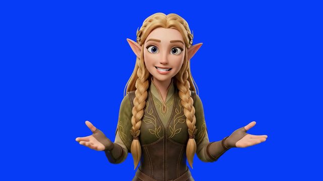 A cute 3D animated blonde elf character with braided hair and elf ears speaking cheerfully with open arms, set against a solid blue studio backdrop. Designed for fantasy game promos, medieval RPG cuts