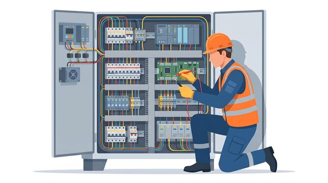 Skilled Electrician Conducting Maintenance on Industrial Control Panel in Factory Setting for Safety Compliance