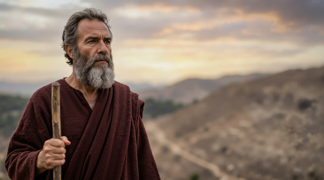 Portrait of biblical prophet Elijah holding a wooden staff. Mature man with grey beard in a brown robe standing on a mountain at sunset. Concept of faith and determination in ancient Israel