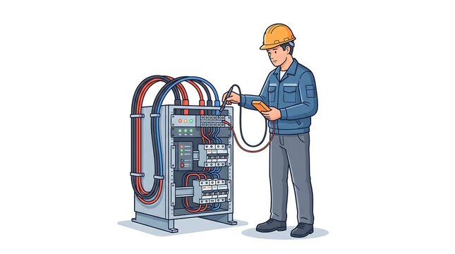 ** Industrial Electrician Conducting Equipment Inspection with Tools for Maintenance and Safety in Engineering Illustration