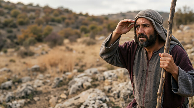 Biblical shepherd searching anxiously in a rocky wilderness. Worried man holding a wooden staff and looking for a lost sheep. Parable of the lost sheep concept with copy space
