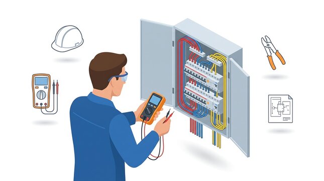 ** Electrician Conducting Maintenance on Electrical Panel in Industrial Setting for Safety Compliance Illustration