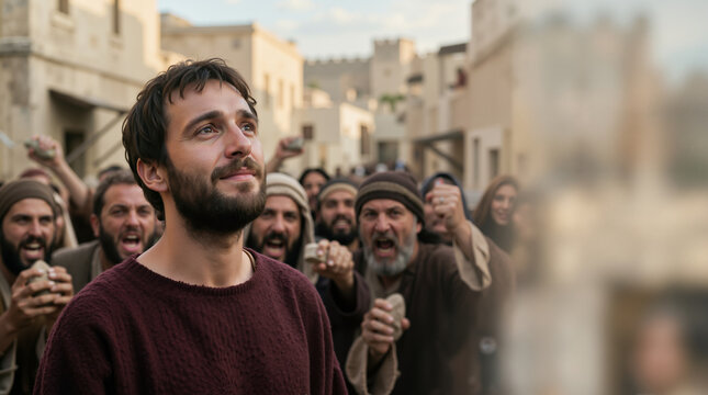 Saint Stephen looking upward with tears of forgiveness. Biblical scene of the first Christian martyr surrounded by an angry crowd holding stones. Historical religious reenactment
