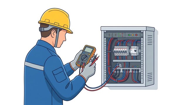 Electrician Using Multimeter for Electrical Panel Inspection in Industrial Setting Illustration