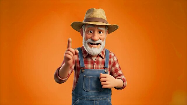 A friendly old 3D farmer character wearing a straw hat and overalls talking while raising his index finger isolated on a bright orange background. Great for agriculture promos, organic farming marketi