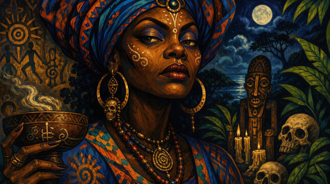 powerful woman framed by African diaspora spirituality, mysticism, and folklore themes painting