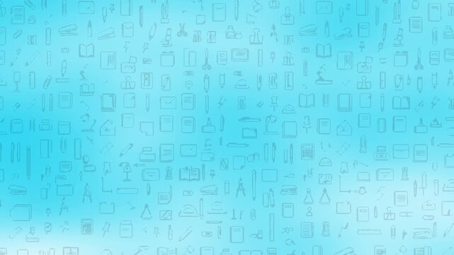 Moving stationery line icons on a light blue gradient video background.