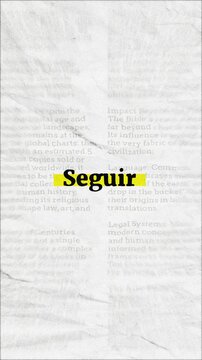Seguir text - on yellow banner over vintage minimalist white newspaper background