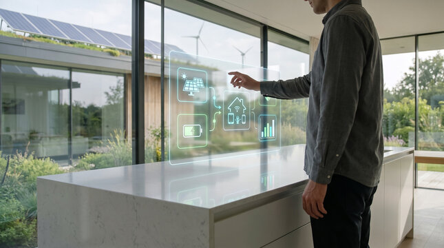Residential smart grid application on holographic screen tracking solar panel efficiency and home automation