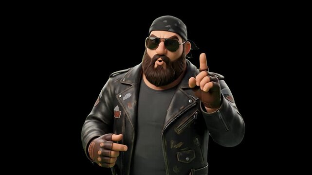 A bearded 3D animated biker character wearing a bandana, dark shades, and a black leather coat speaking authoritatively with his finger raised, set against a solid black background. Ideal for dramatic