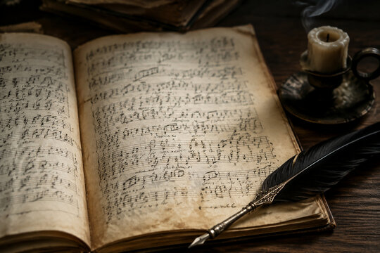 An ancient, open musical score with a quill pen and an extinguished candle.