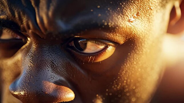 Intense close-up portrait of a determined athlete s face glistening with sweat and focused on an unseen challenge a powerful image of perseverance and peak performance