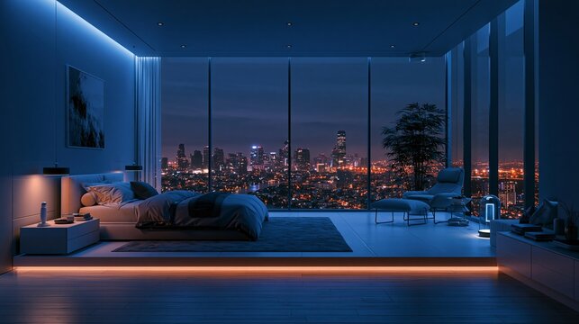 Modern luxury bedroom interior with panoramic window showing night city skyline view interior apartment architecture cityscape illumination nightlife penthouse