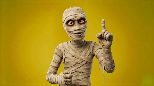 A creepy 3D Egyptian mummy wrapped in bandages talking and raising an index finger to make a point isolated on a yellow background. Ideal for Halloween advertisements, ancient Egypt history videos, mo
