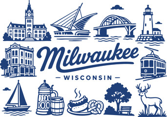 Obraz premium Milwaukee Wisconsin Travel Vector Set with Skyline, Lakefront, Lighthouse and City Icons