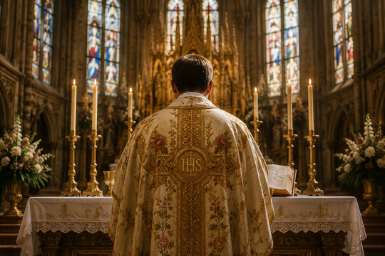 The back view of a priest in a grand church before an altar.