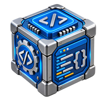 Blue 3d coding cube icon with gear and programming symbols isolated on transparent background