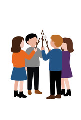 Fototapeta premium Flat vector illustration of four children gathered in a circle, holding sticks with toasted marshmallows over a small campfire, hand-traced icon style, simple shapes
