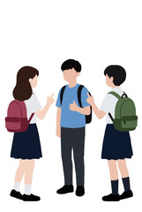 Fototapeta premium Vector illustration of three young students meeting and greeting each other with backpacks, depicting the exciting first day of school or college life with a friendly, cheerful atmosphere