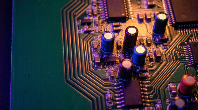 Green circuit board with electronic component and copper trace under colorful light