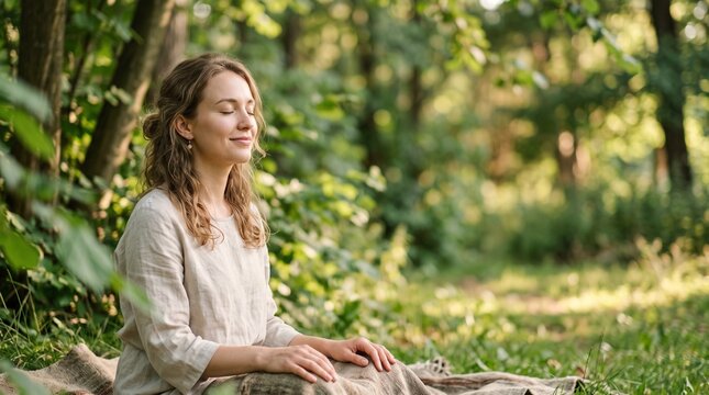 Calm woman meditating outdoors in a green forest setting  