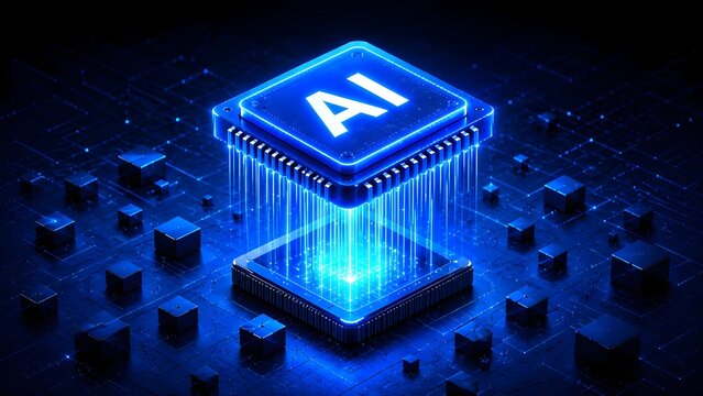 Glowing AI processor hovering over circuit board representing artificial intelligence data transfer and advanced technology