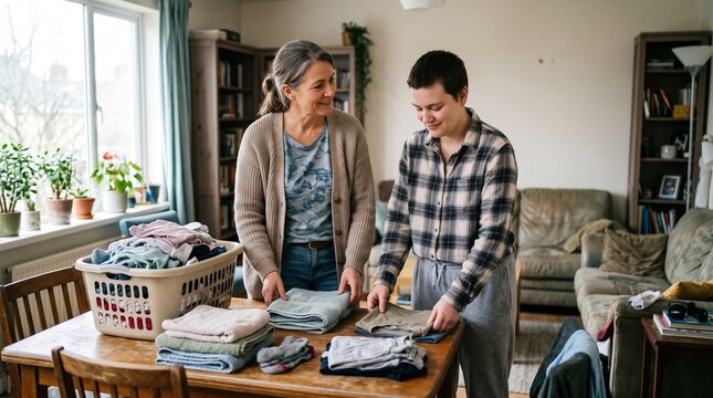 Woman and teenager folding laundry together in a cozy living room, mental health concept  