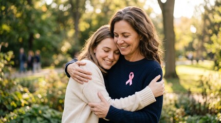 Fototapeta premium Happy mother and daughter hugging in park wearing breast cancer awareness ribbon.