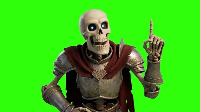 A humorous 3D skeleton knight wearing metal armor talking while pointing up isolated on a solid green chroma key background. Suitable for mobile game trailers, Halloween promotional clips, fantasy ani