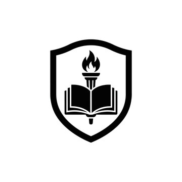 Educational shield emblem featuring open book and burning torch for school logos and academic excellence.