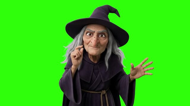 A spooky old 3D witch character in a pointy hat talking, gesturing maliciously, and plotting dark spells isolated on a solid green chroma key background. Perfect for Halloween promos, fantasy gaming a