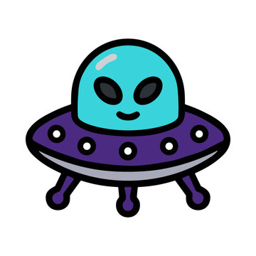 Cartoon Alien Flying Saucer With Happy Blue Alien Face In Space